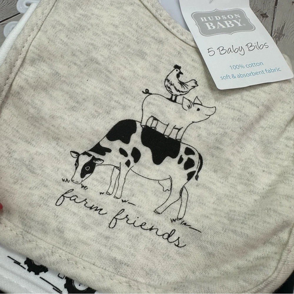 NWT Hudson Baby 100% cotton Bibs farm friend homestead pk of 5 farm house